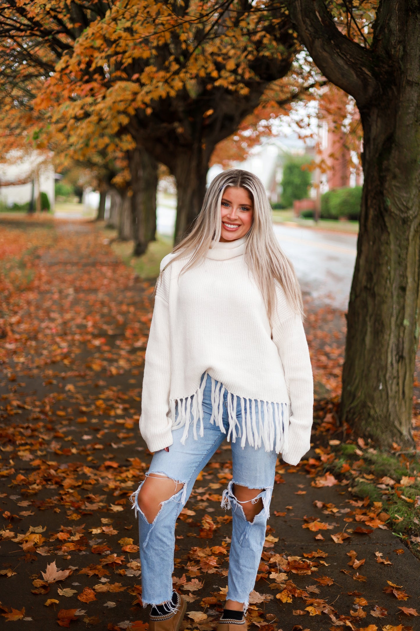 Fringe Hem Turtleneck Sweater - Frost