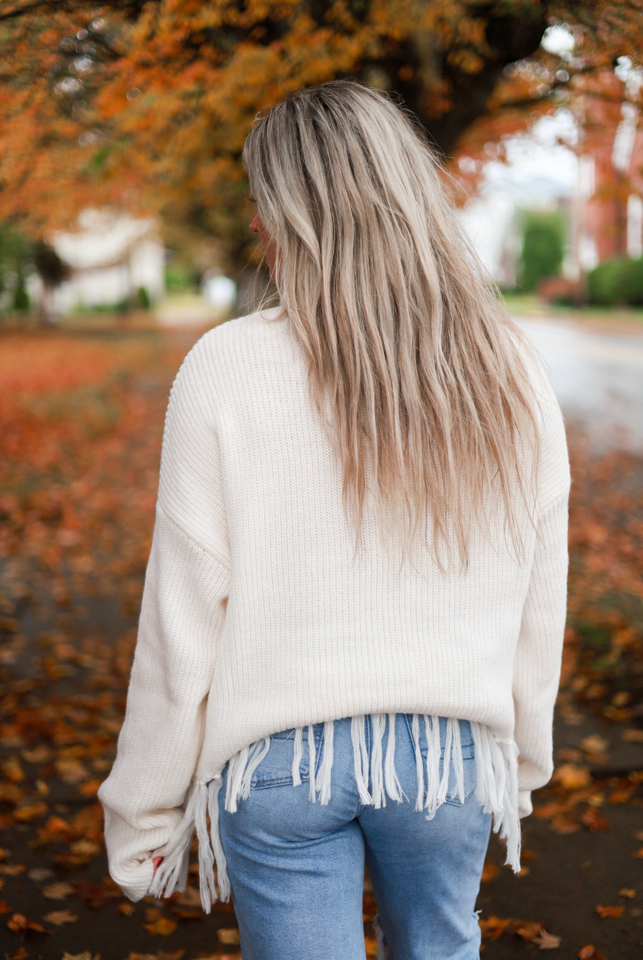 Fringe Hem Turtleneck Sweater - Frost