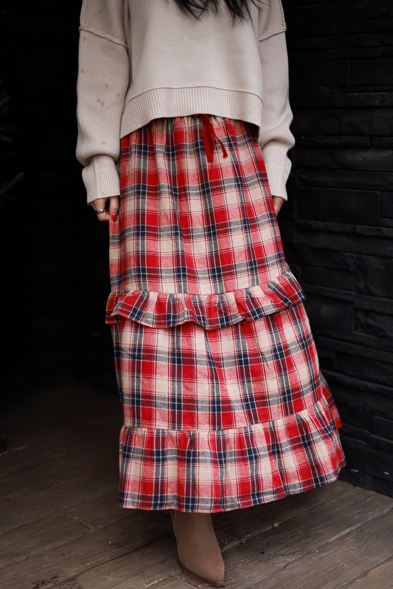 Cranberry Lane Ruffle Midi Skirt