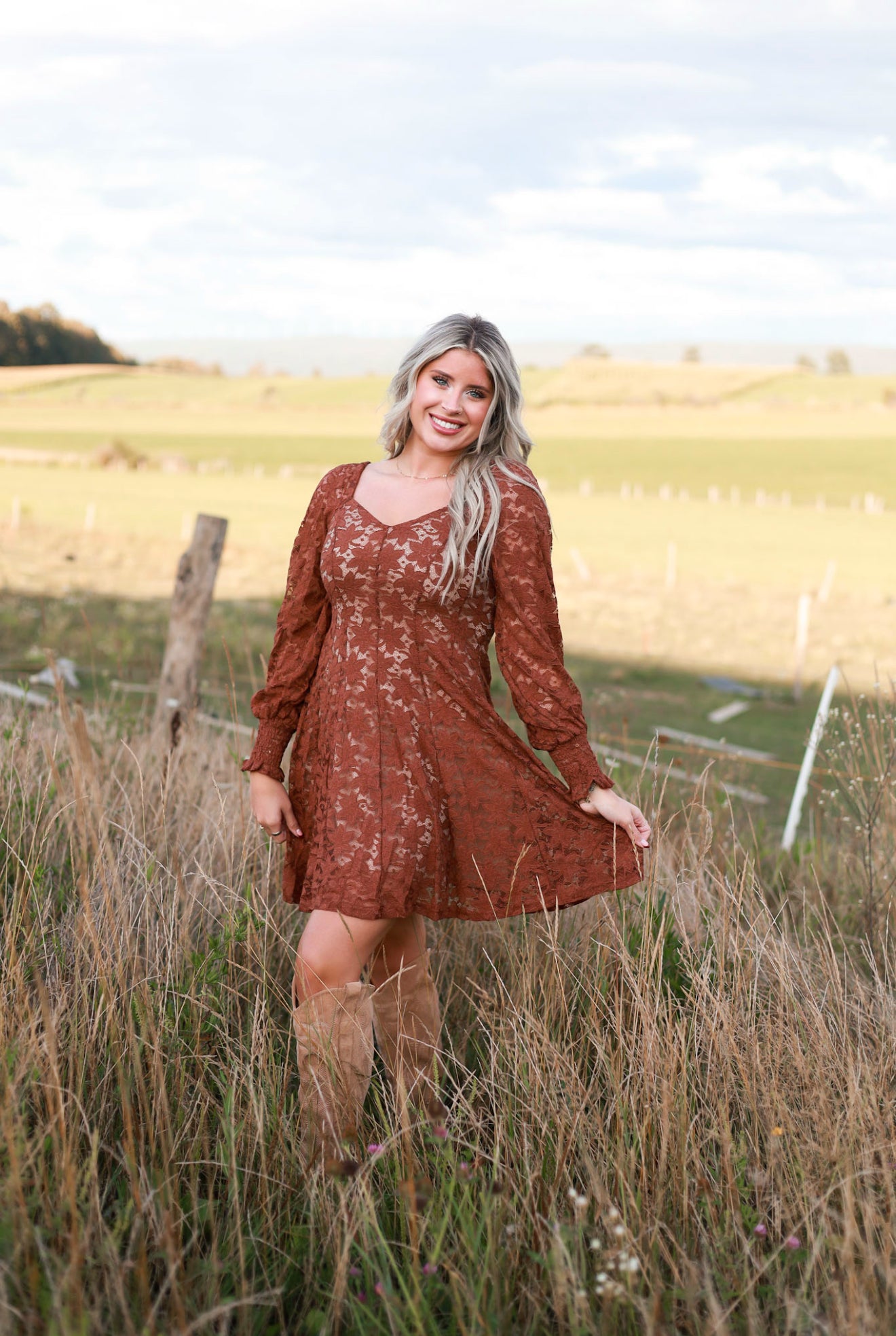 Fit and Flare Lace Mini Dress - Cinnamon