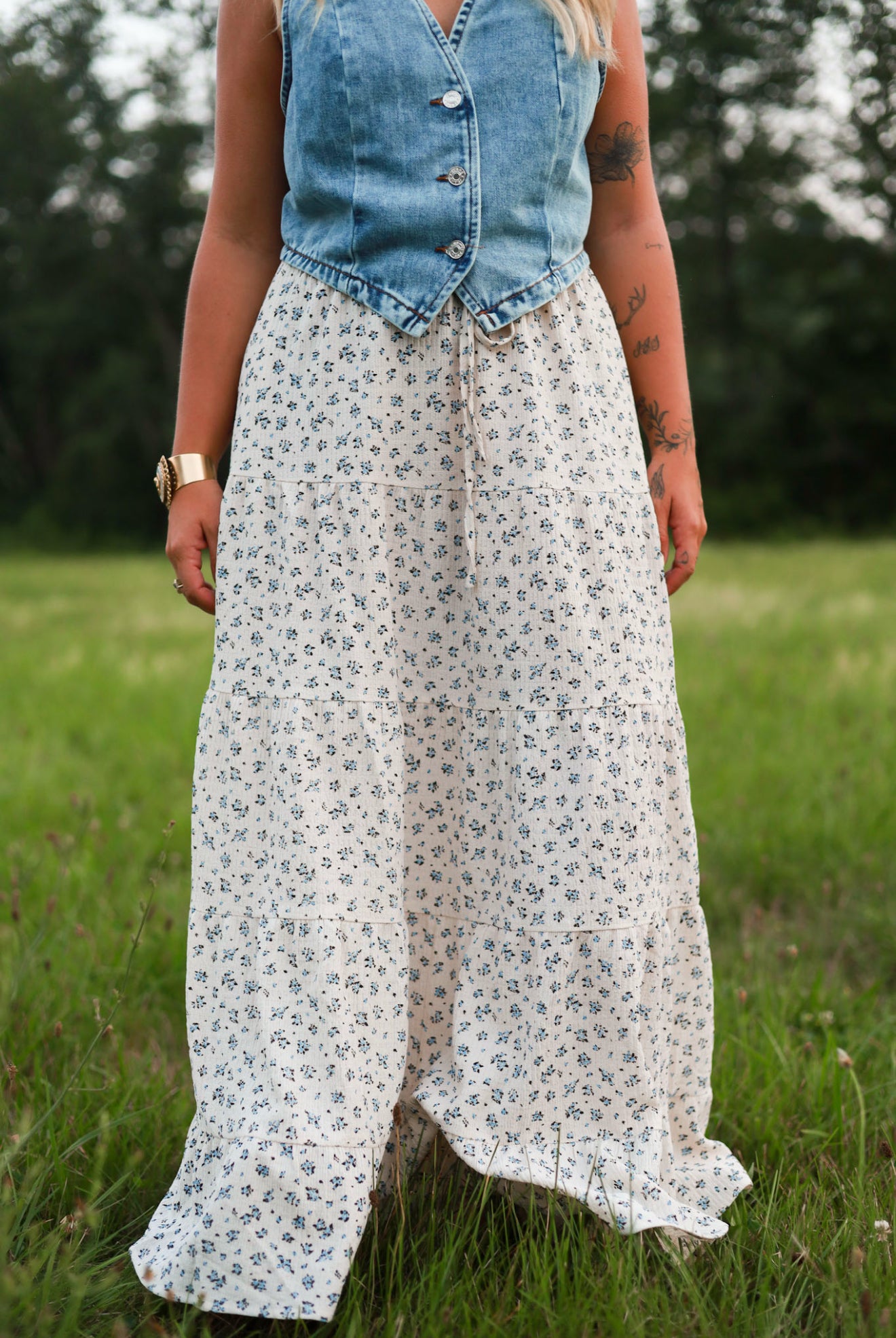 Heirloom Maxi Skirt - Cream Blue