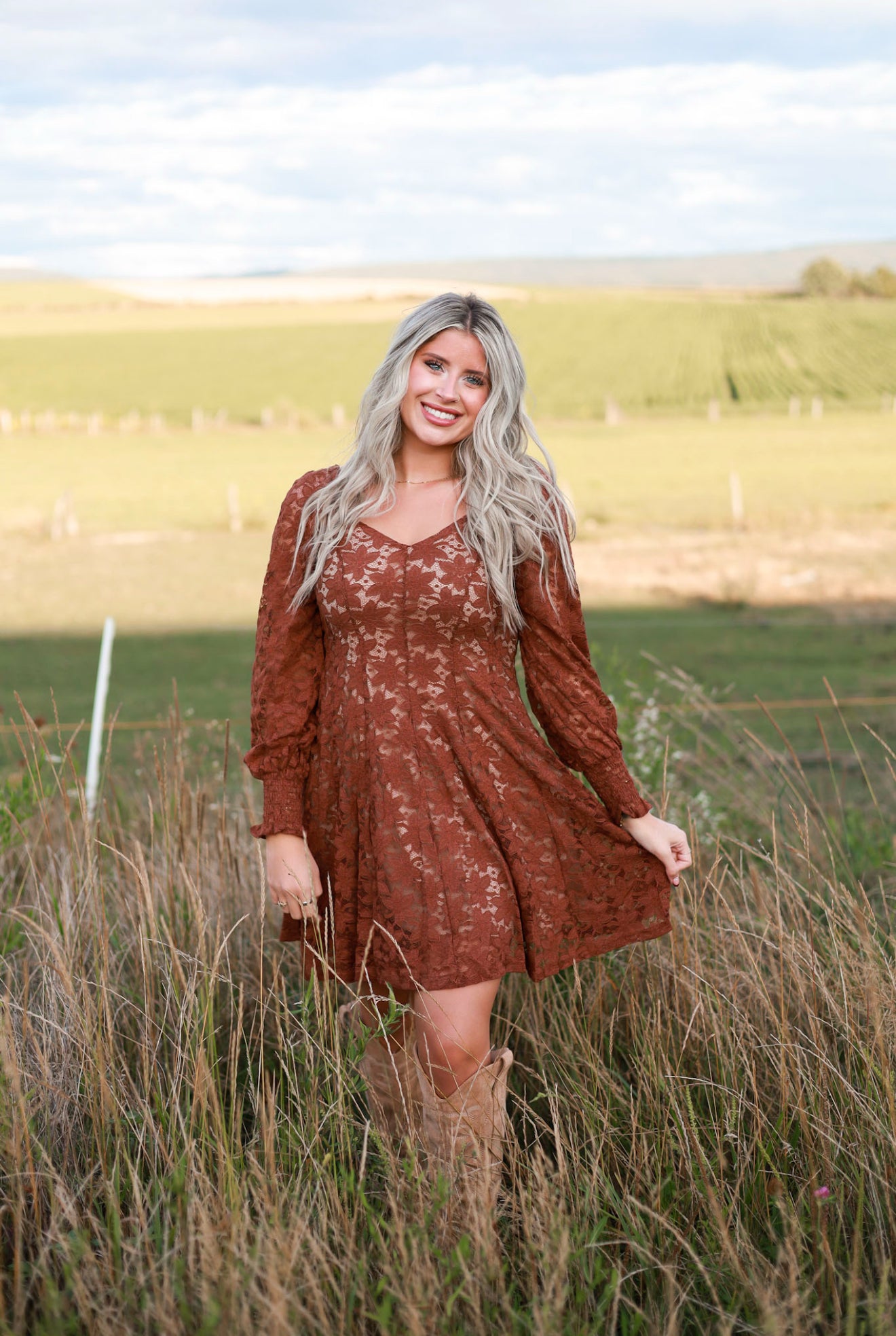 Fit and Flare Lace Mini Dress - Cinnamon