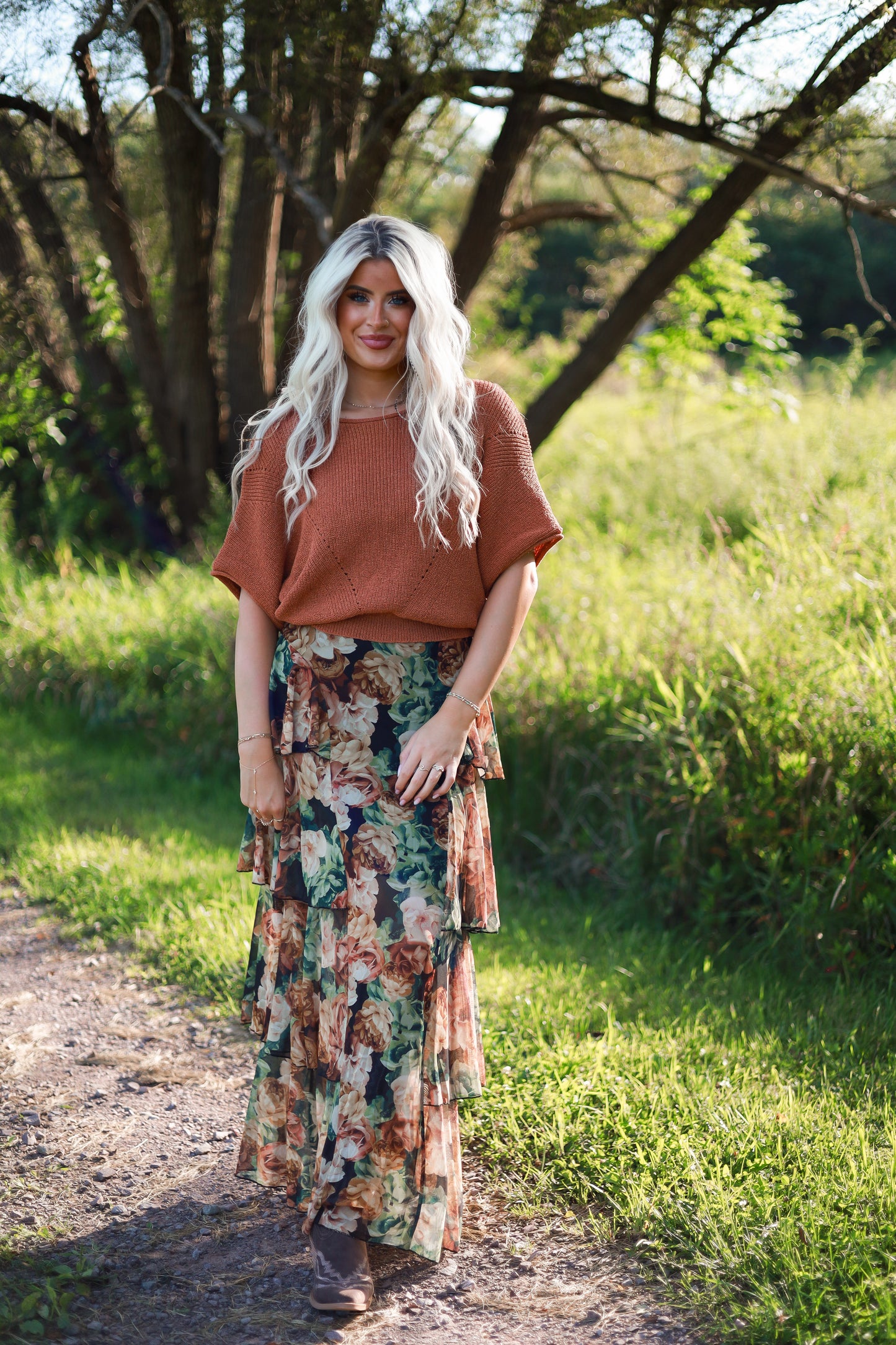 Autumn Floral Mesh Ruffle Skirt