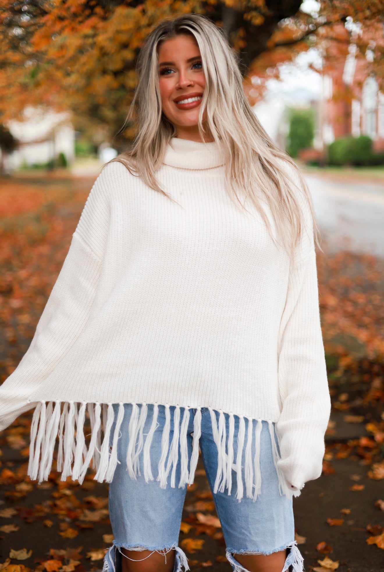 Fringe Hem Turtleneck Sweater - Frost