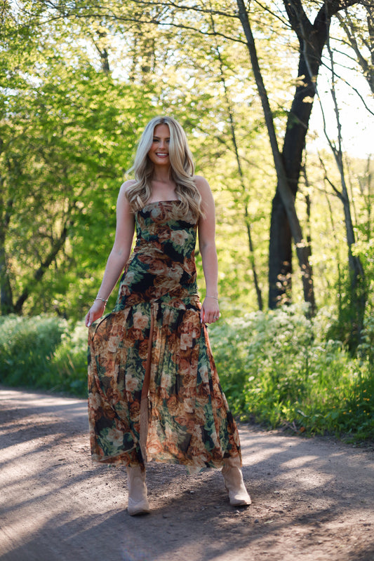 Floral Mesh Drop-Waist Maxi Dress
