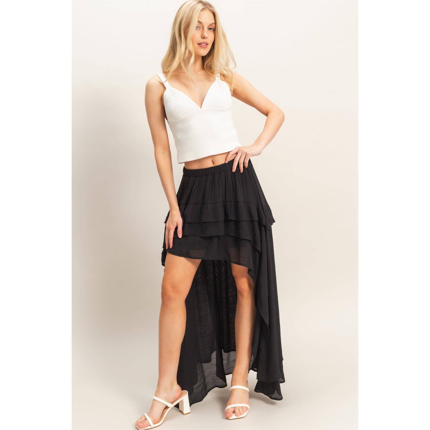 Tiered Ruffle High Low Skirt - Black