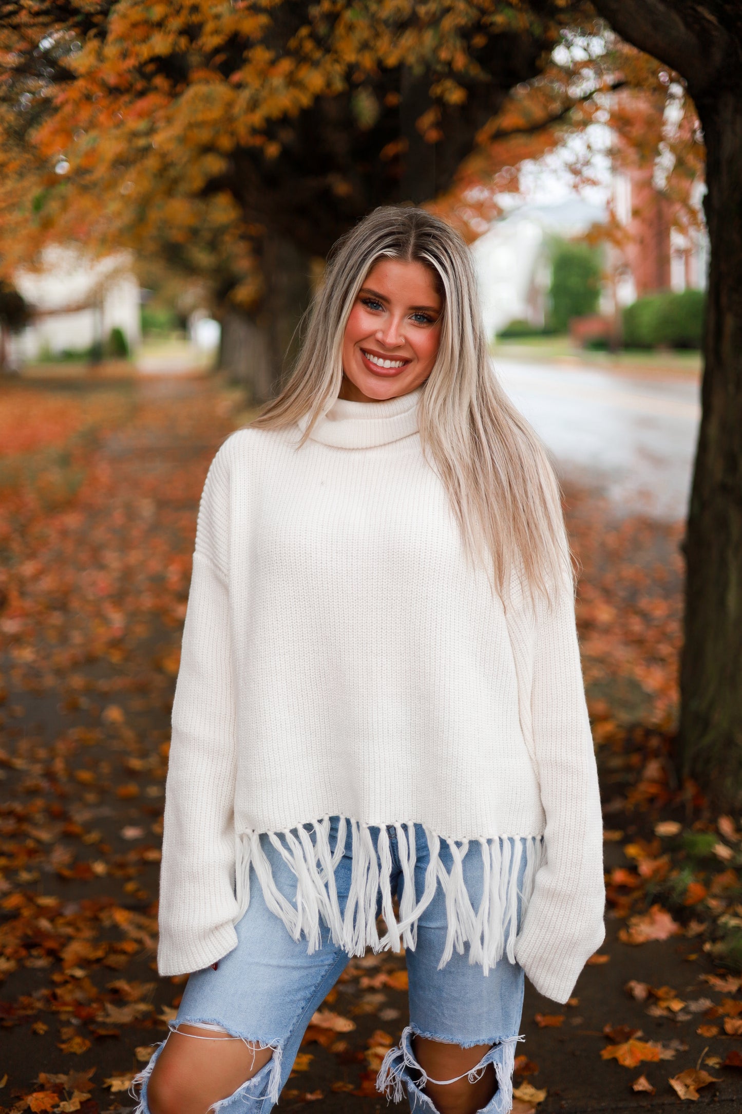Fringe Hem Turtleneck Sweater - Frost