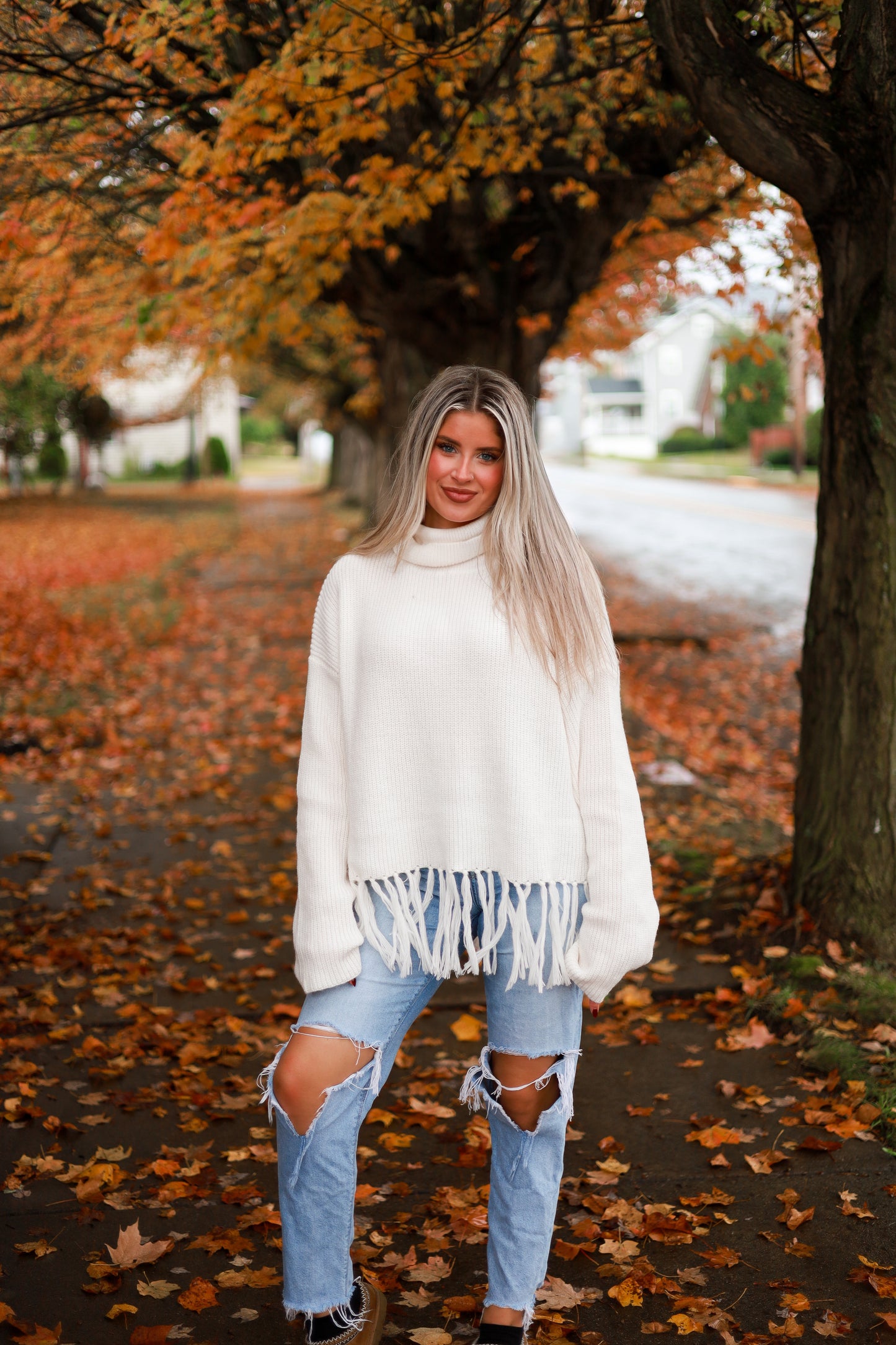 Fringe Hem Turtleneck Sweater - Frost