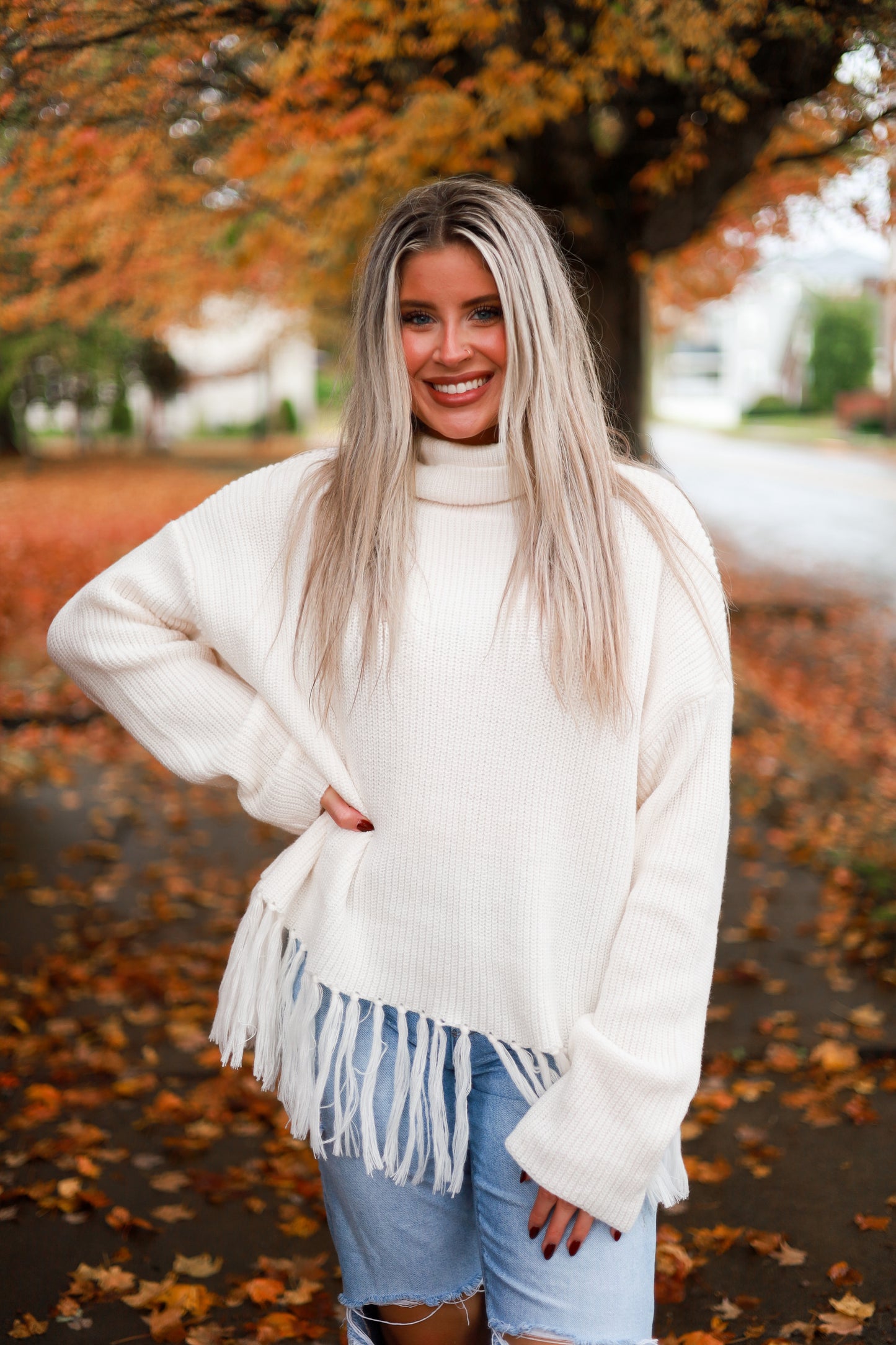 Fringe Hem Turtleneck Sweater - Frost