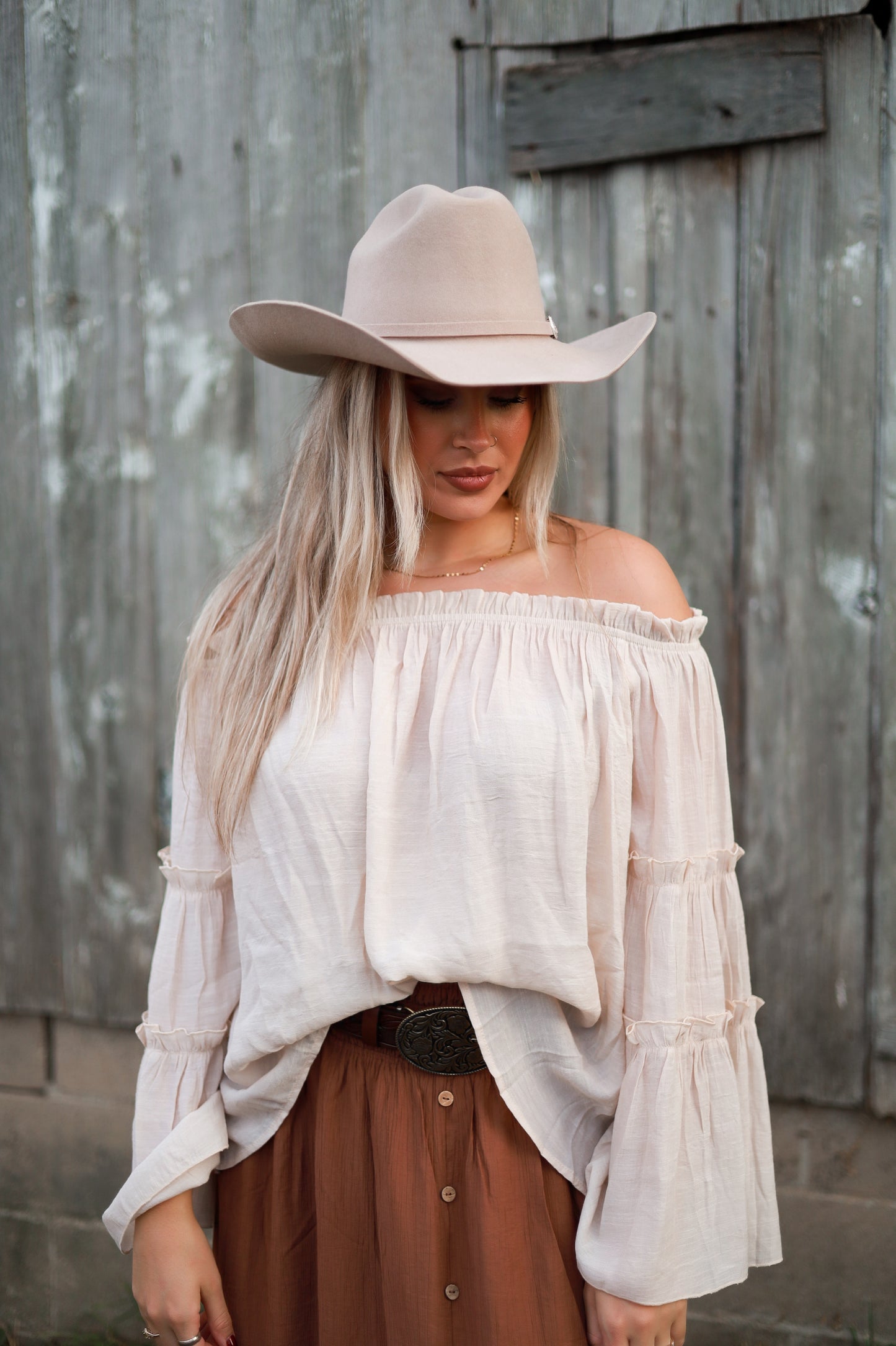 Linen Bell Sleeve Top - Cream