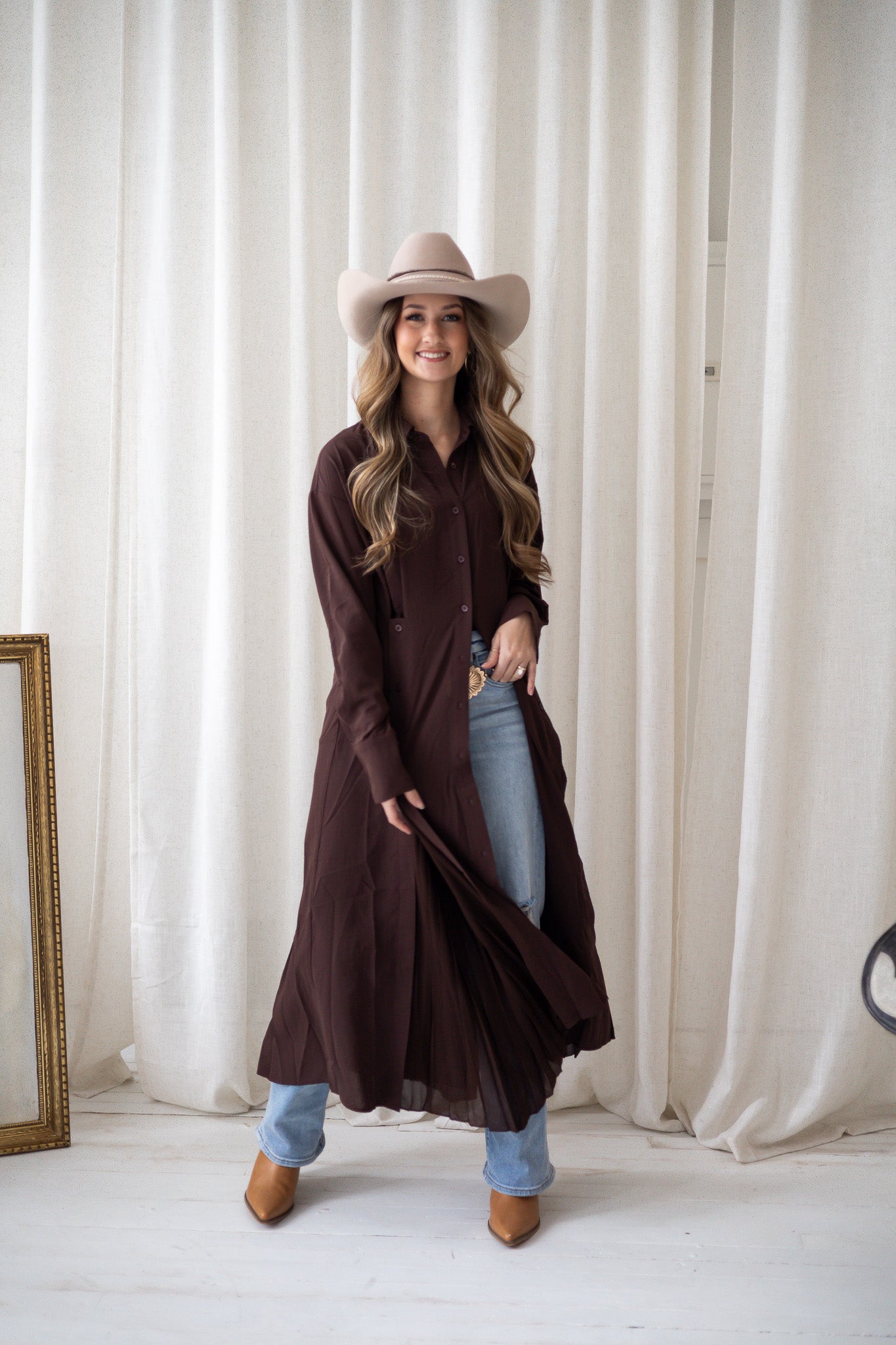 Western Winds Button Down Shirt Dress - Brown