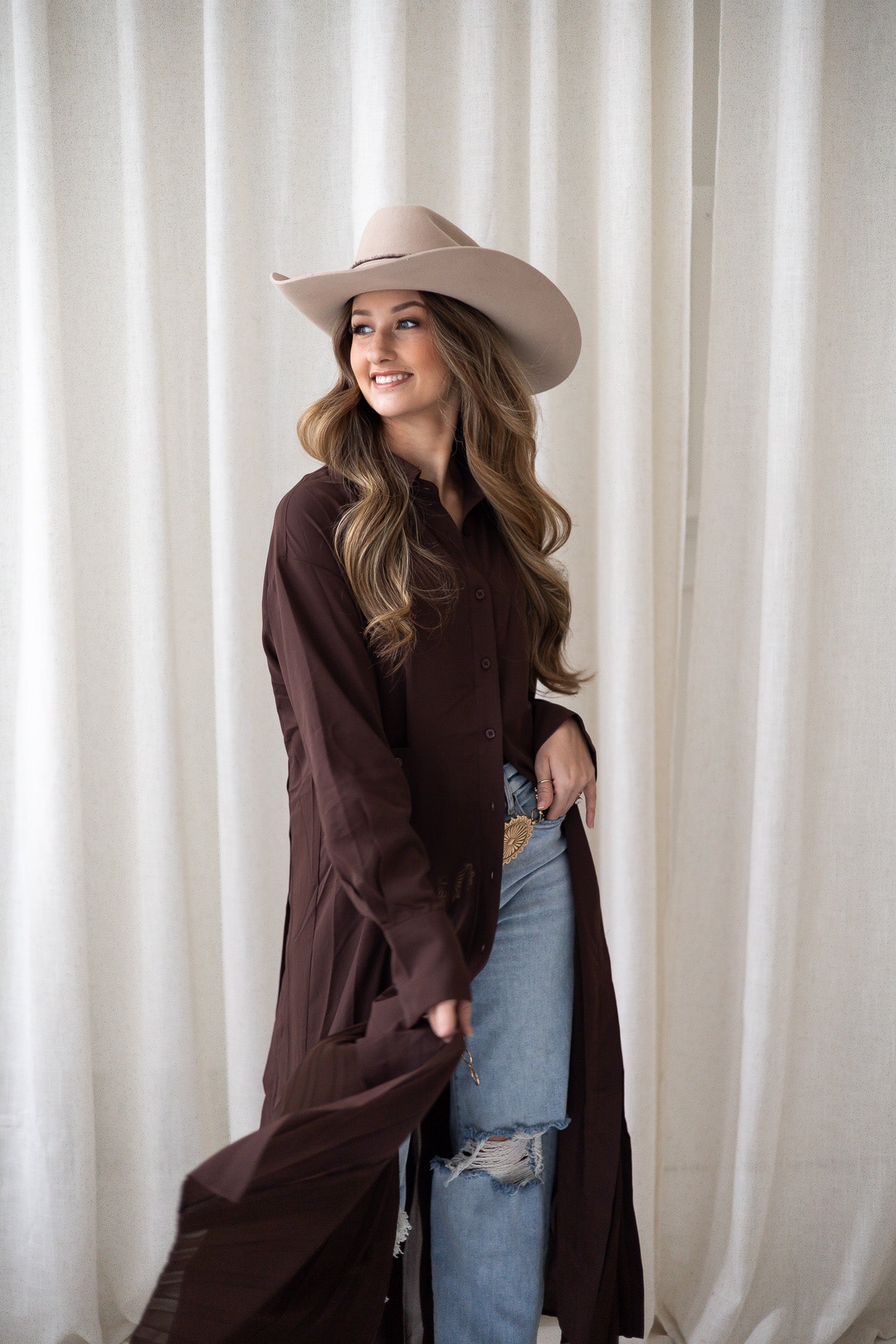 Western Winds Button Down Shirt Dress - Brown