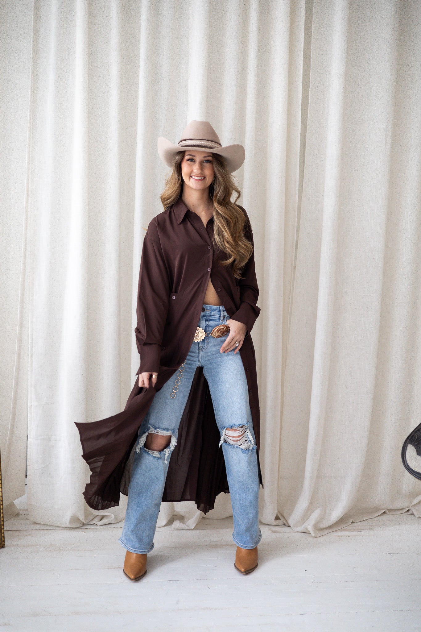 Western Winds Button Down Shirt Dress - Brown