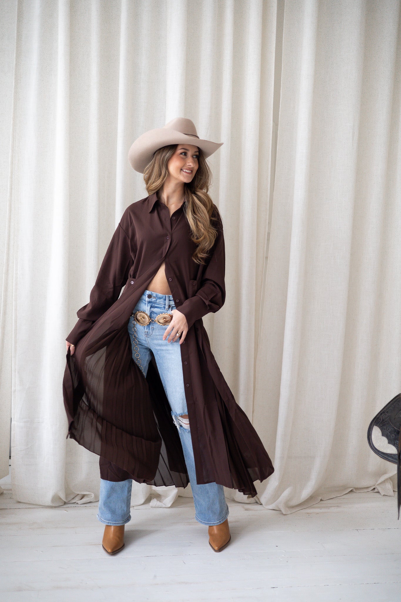 Western Winds Button Down Shirt Dress - Brown