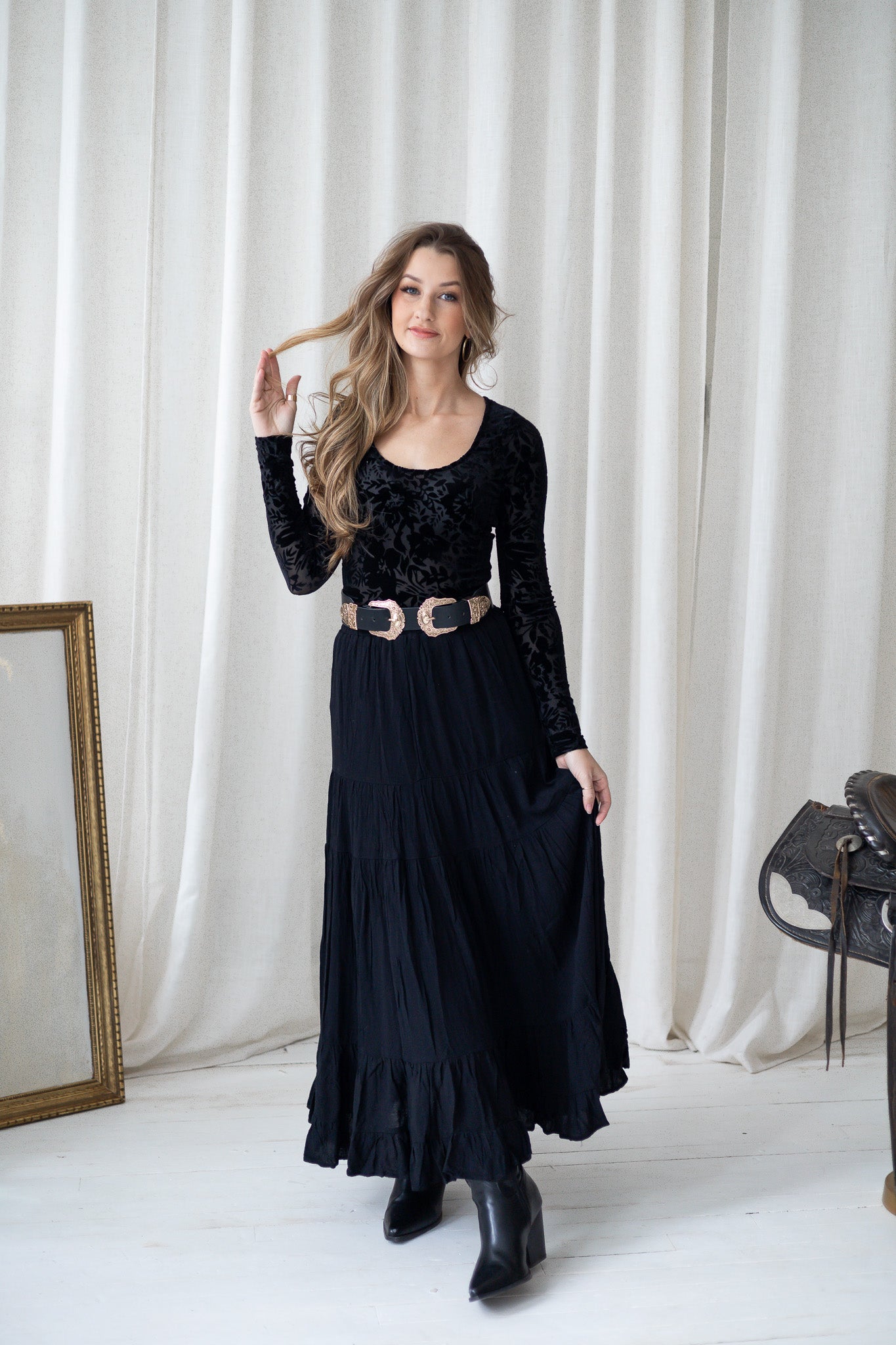 Boho Belle Tiered Maxi Skirt- Black