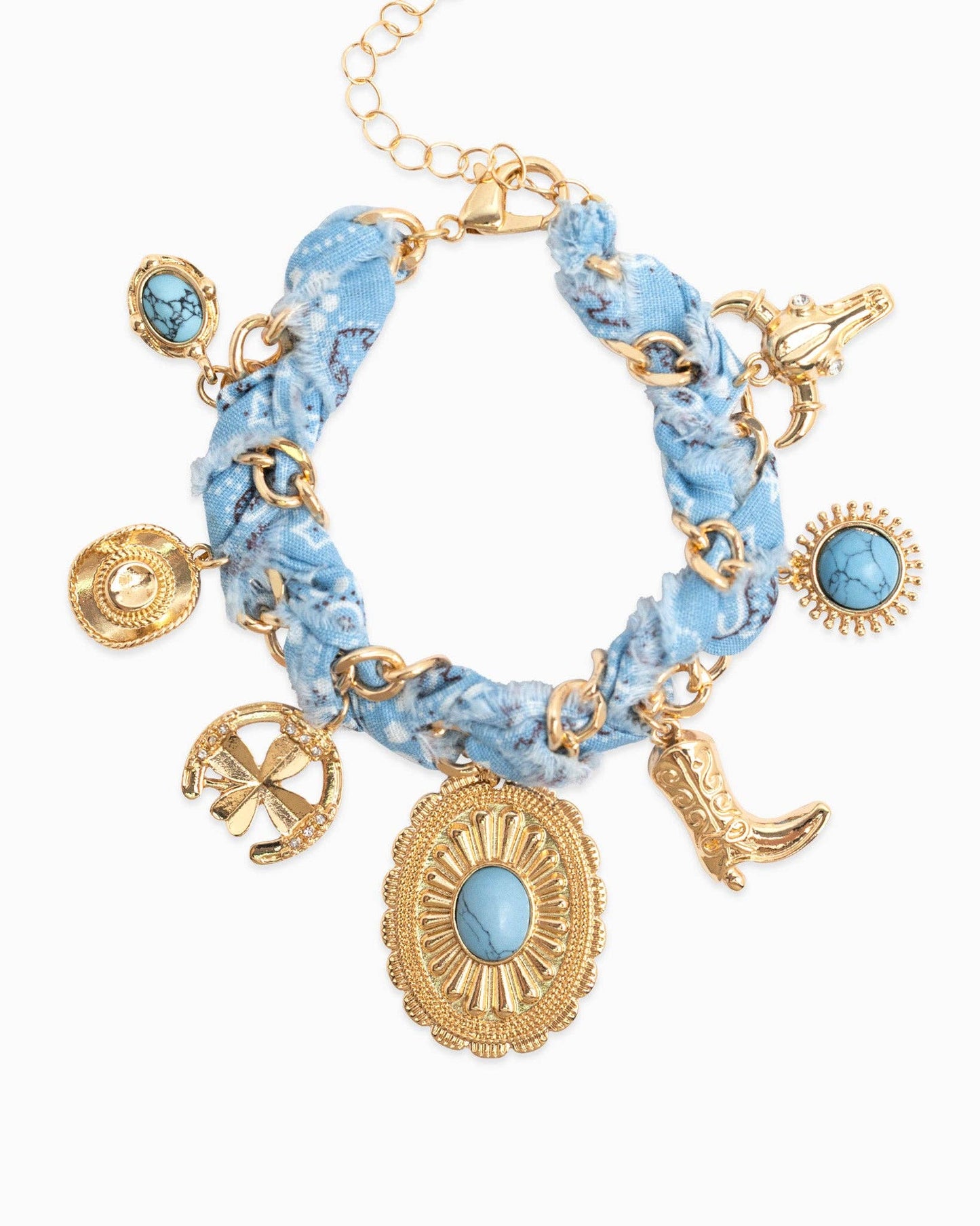 Paisley Scarf Western Concho Multi Charm Bracelet: Light Blue