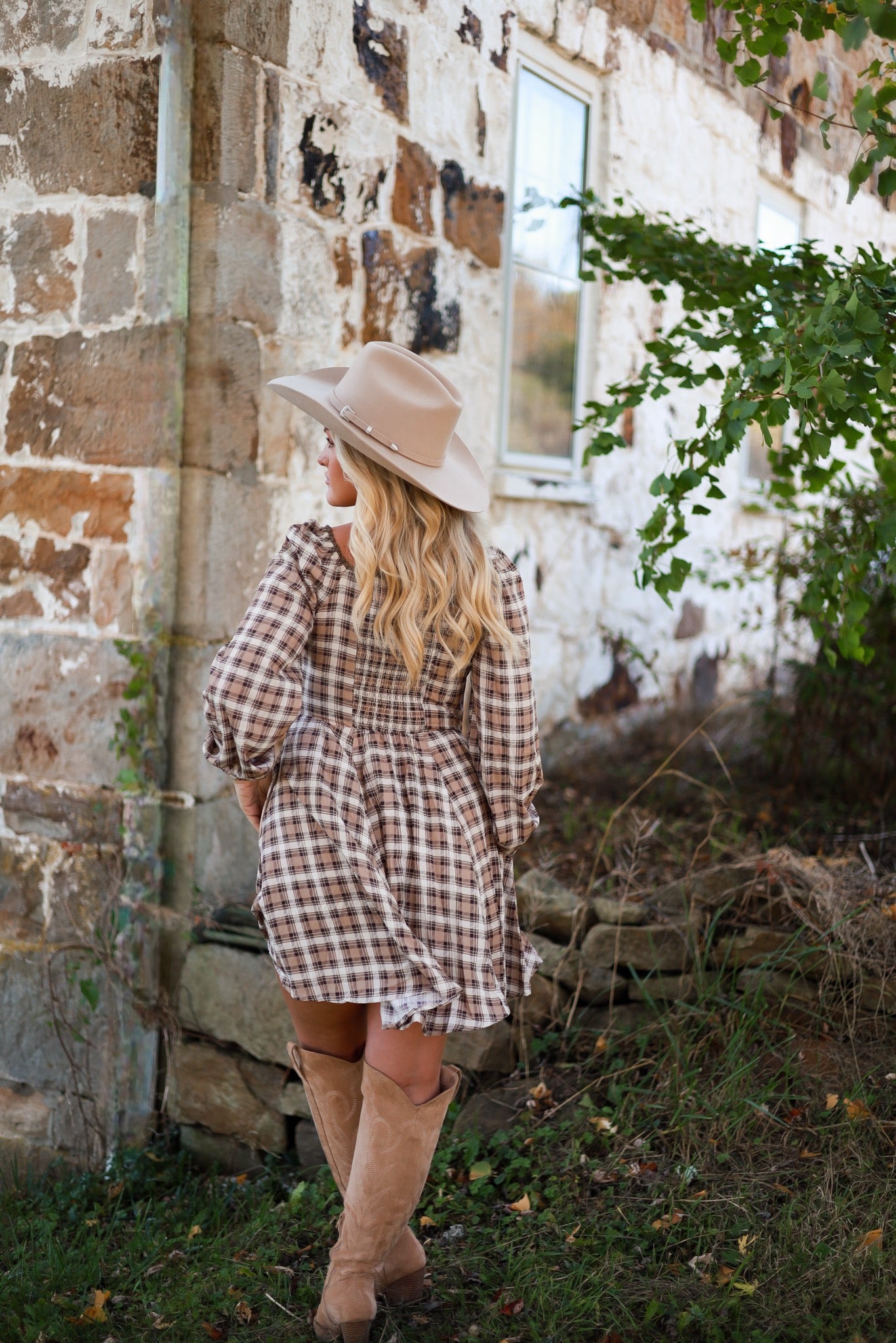 Brunette Bohème Plaid Mini Dress