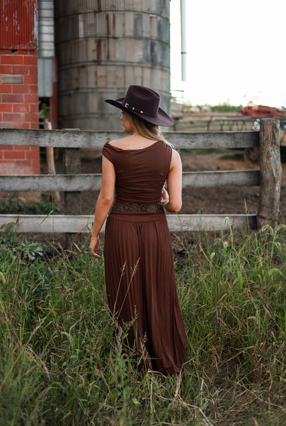 Mahogany Pleated Maxi Dress