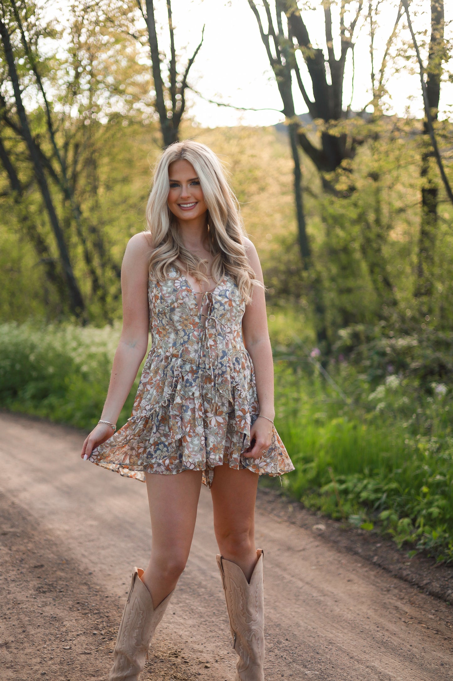 Floral Chiffon Tie-Front Romper: Cream