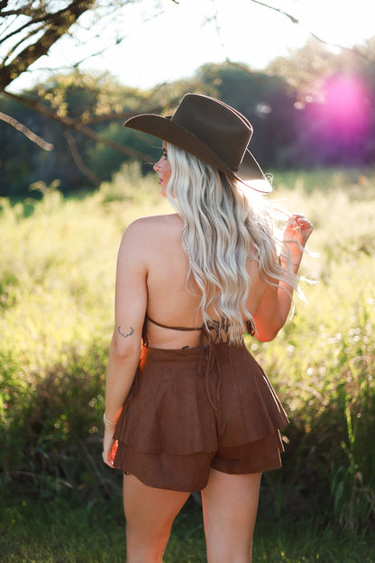 Outlaw Suede Fringe Romper - Caramel