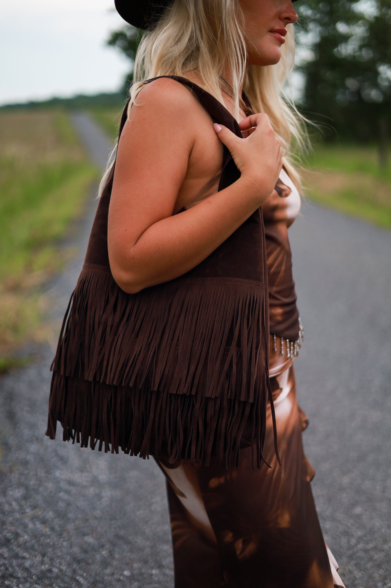 Chocolate Suede Fringe Purse