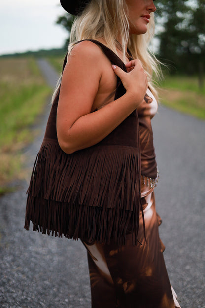 Chocolate Suede Fringe Purse