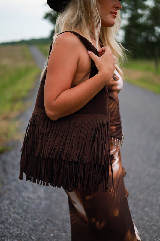 Chocolate Suede Fringe Purse