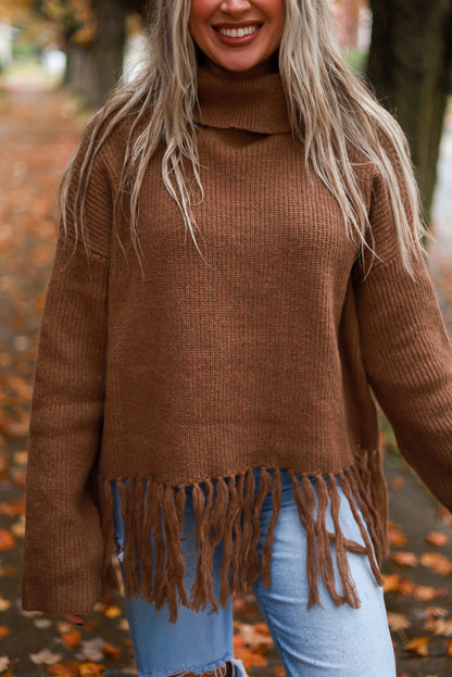 Fringe Hem Turtleneck Sweater - Café