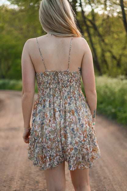 Floral Chiffon Tie-Front Romper: Cream
