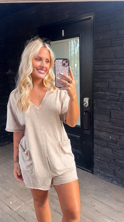 Mineral Washed Oversized Romper - Tan
