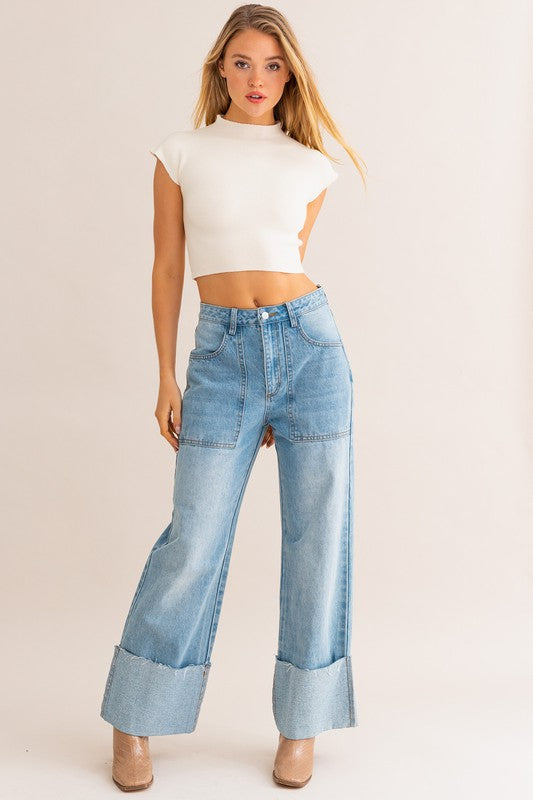 Emma Wide Leg Cuffed Jeans