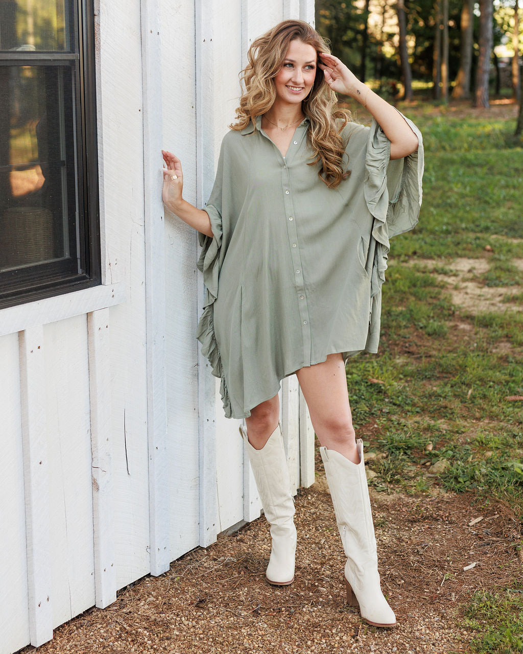 Olive Button Down Ruffle Tunic Top