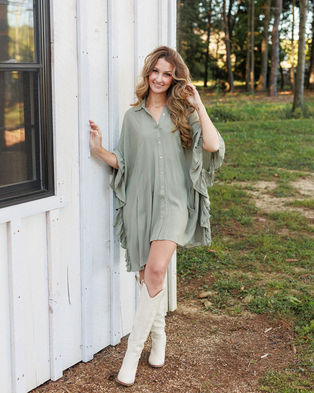 Olive Button Down Ruffle Tunic Top