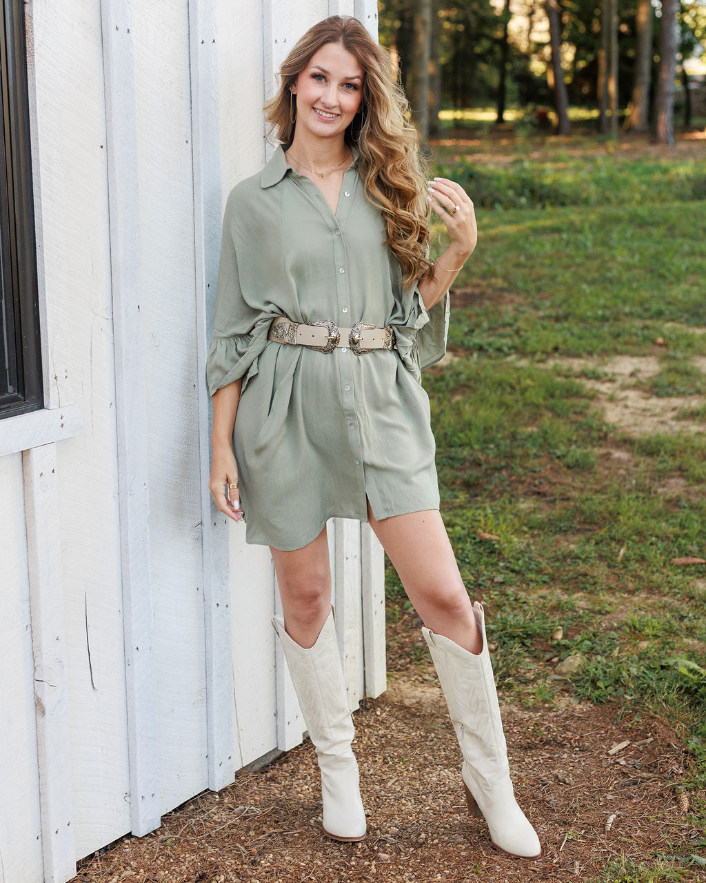 Olive Button Down Ruffle Tunic Top