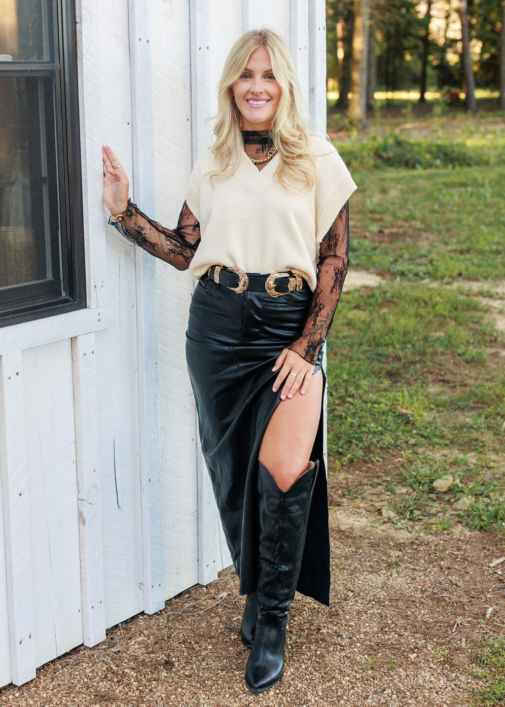 Black Saddle Leather Maxi Skirt