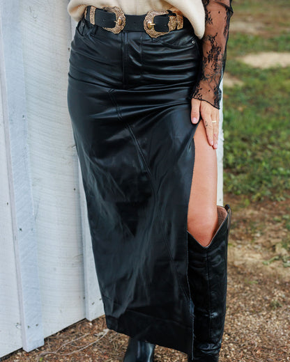 Black Saddle Leather Maxi Skirt