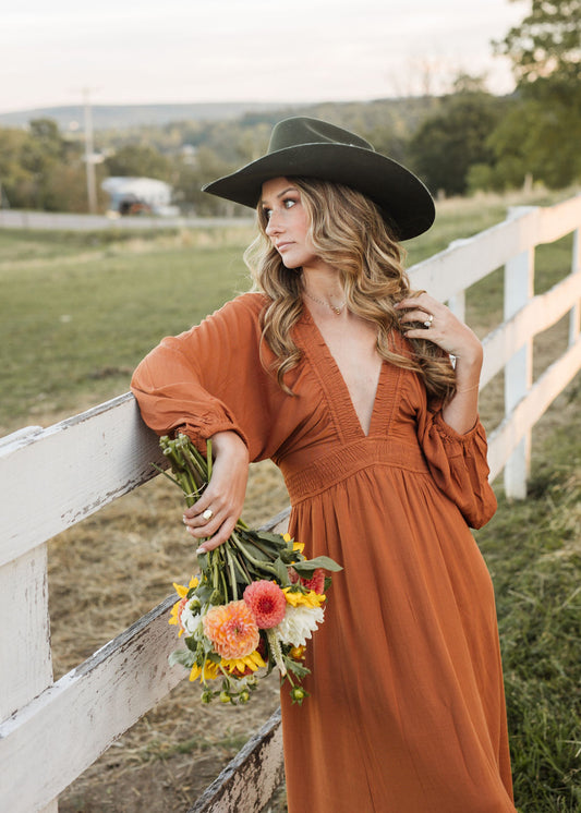 Plunge V-Neck Maxi Dress - Rust