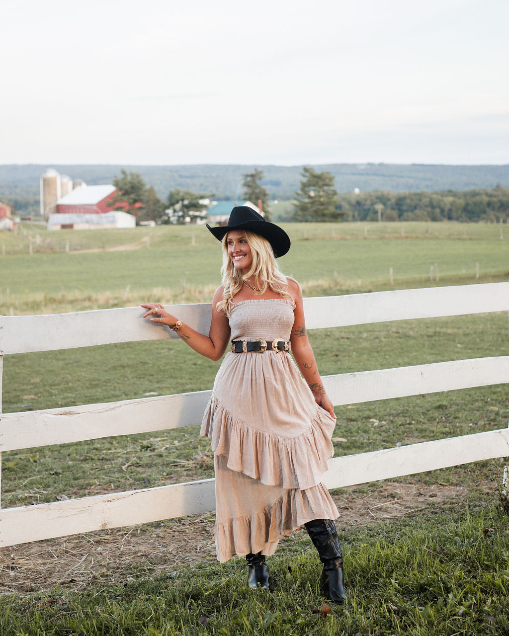 Bohemian Strapless Tiered Ruffle Midi Dress- Birch