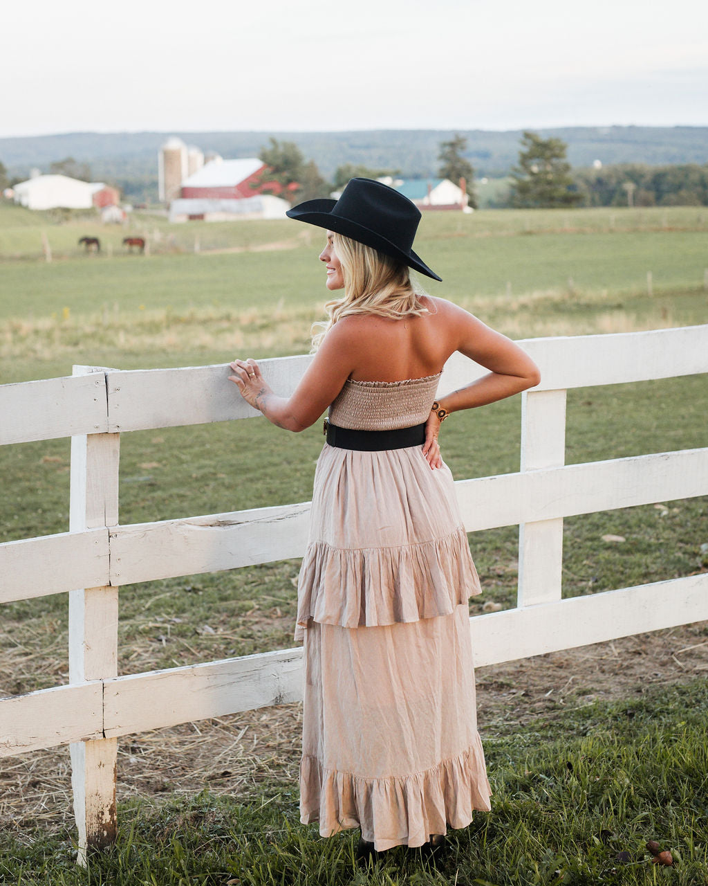 Bohemian Strapless Tiered Ruffle Midi Dress- Birch