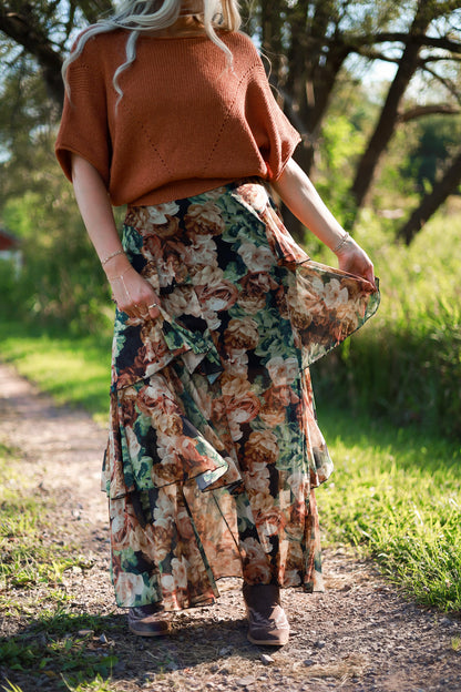 Autumn Floral Mesh Ruffle Skirt
