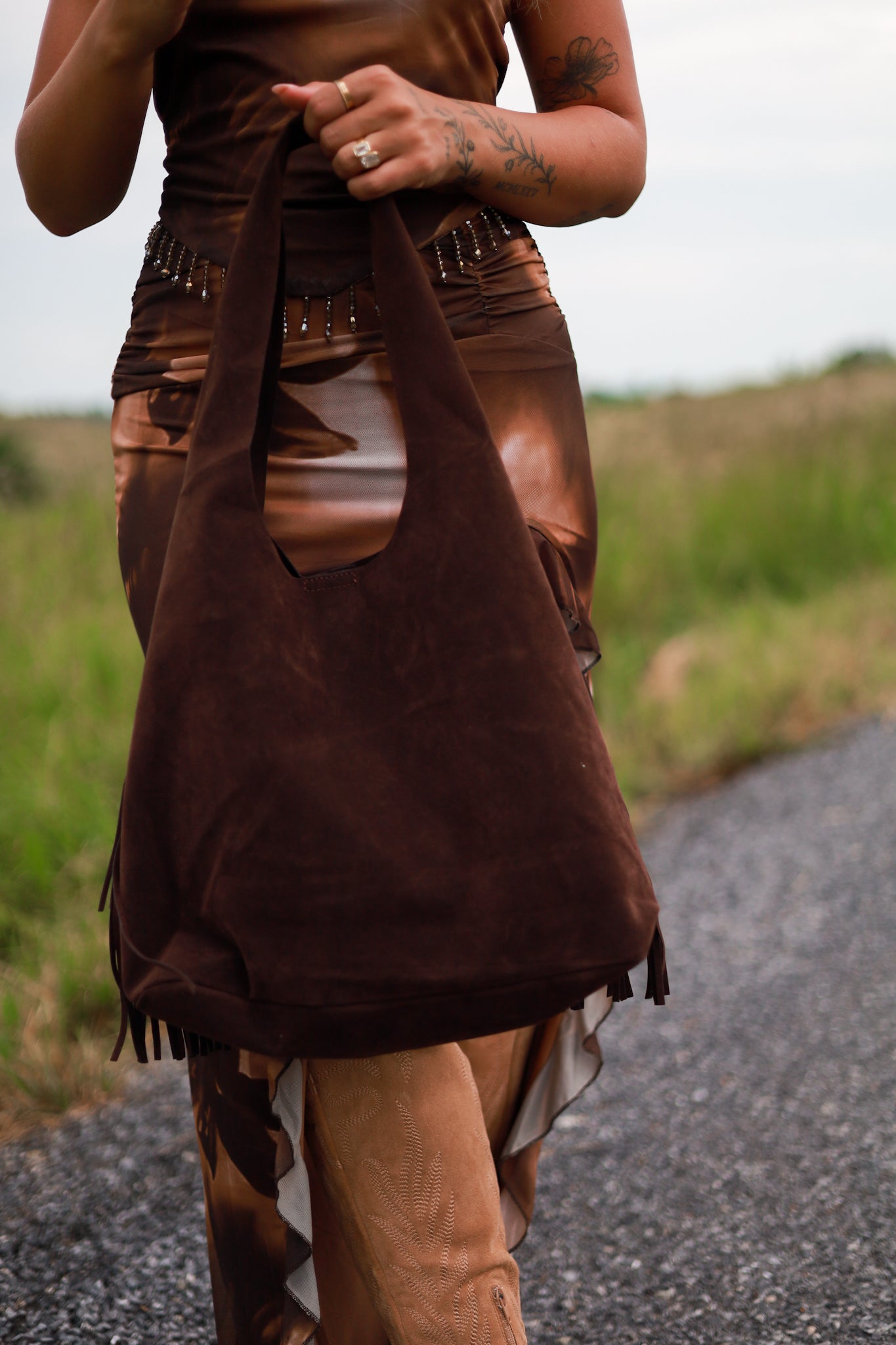 Chocolate Suede Fringe Purse