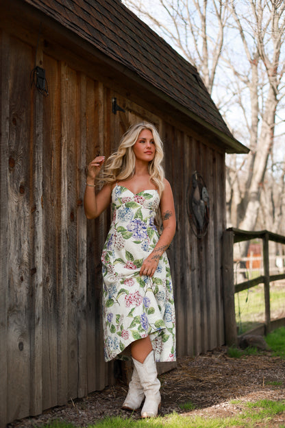 Hydrangea Fit and Flare Linen Midi Dress