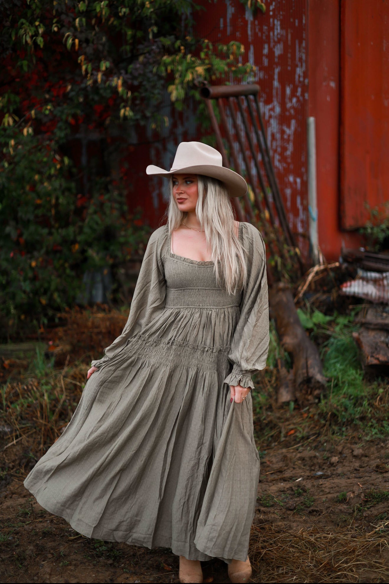 Olive Grove Peasant Maxi Dress