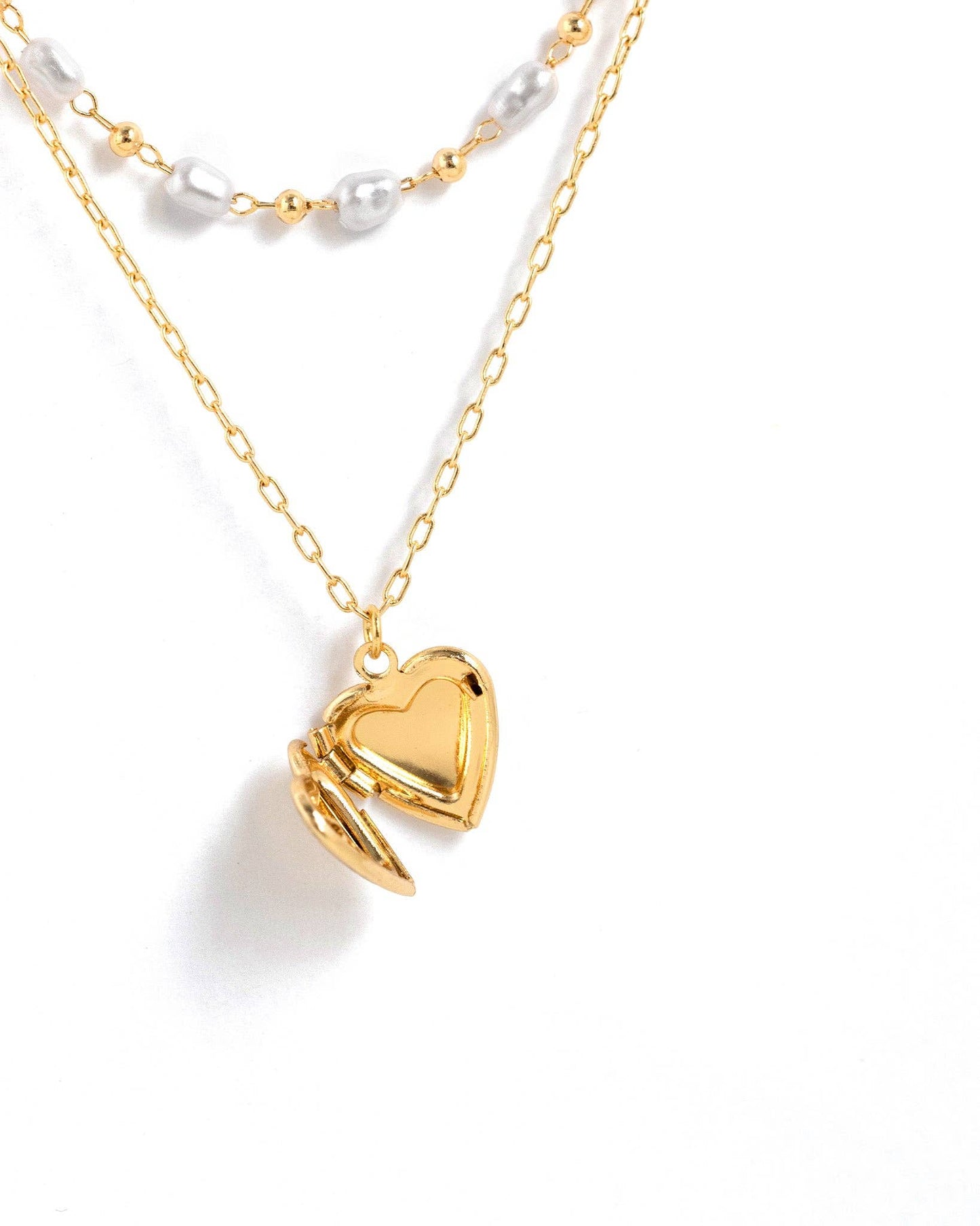 Heart Locket Pearl Bead Layered Necklace