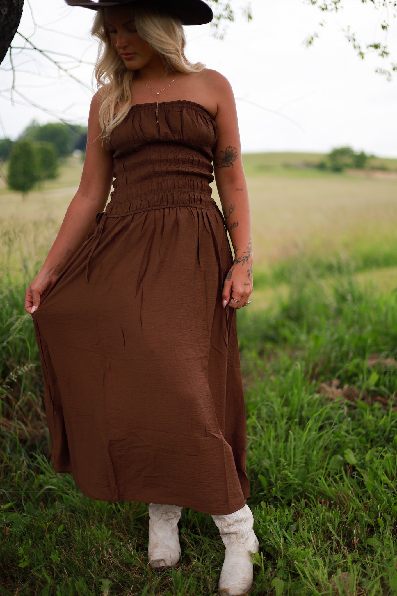 Brown Sugar Strapless Midi Dress