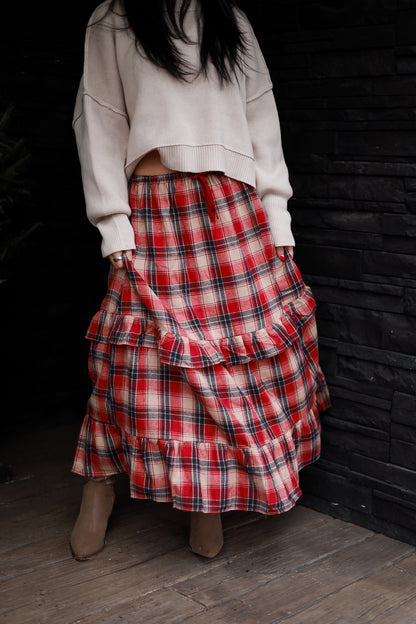 Cranberry Lane Ruffle Midi Skirt