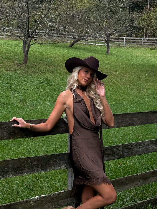 Satin Lace Scarf Dress - Saddle
