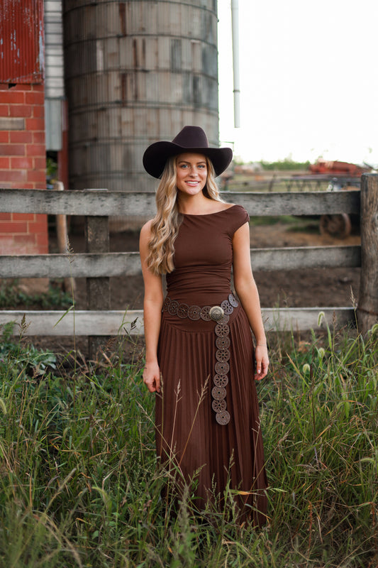 Mahogany Pleated Maxi Dress