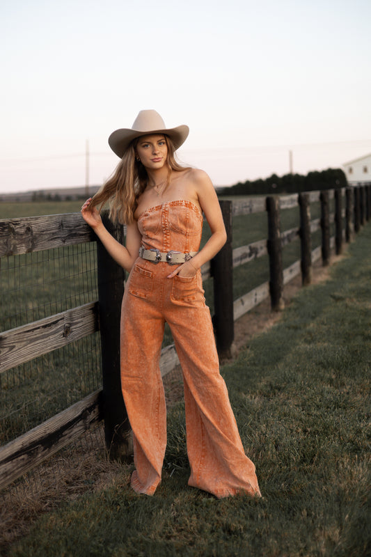 Rust Wide Leg Tube Top Jumpsuit