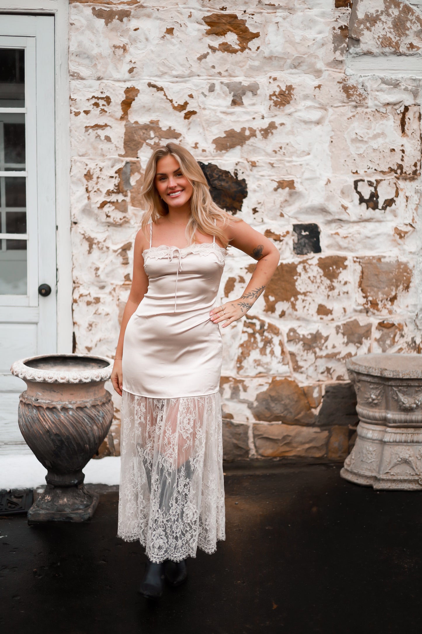 Champagne Lace Inlay Maxi Dress